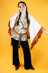 white triangle shawl with brown crochet fringe trim and embroidered flowers vintage 1970's