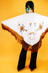 white triangle shawl with brown crochet fringe trim and embroidered flowers vintage 1970's