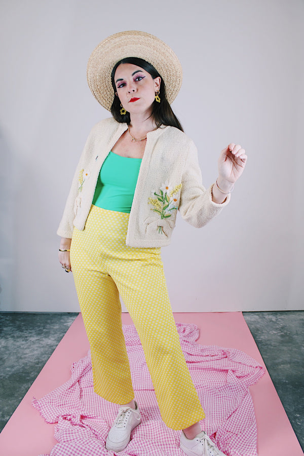 long sleeve cream open front cardigan with embroidered flowers vintage women's 1960's