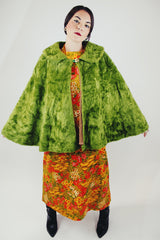 green faux fure poncho with one button closure vintage 1970's