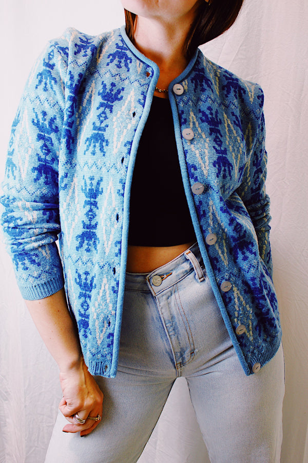 long sleeve wool sweater cardigan in blue jacquard print vintage 1960's buttons up the front