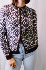 printed long sleeve norwegian cardigan sweater brown and white with gold buttons vintage