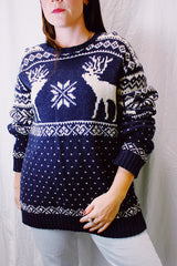 long sleeve pullover sweater navy with white reindeer and snowflake print 1980's vintage 