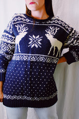 long sleeve pullover sweater navy with white reindeer and snowflake print 1980's vintage 