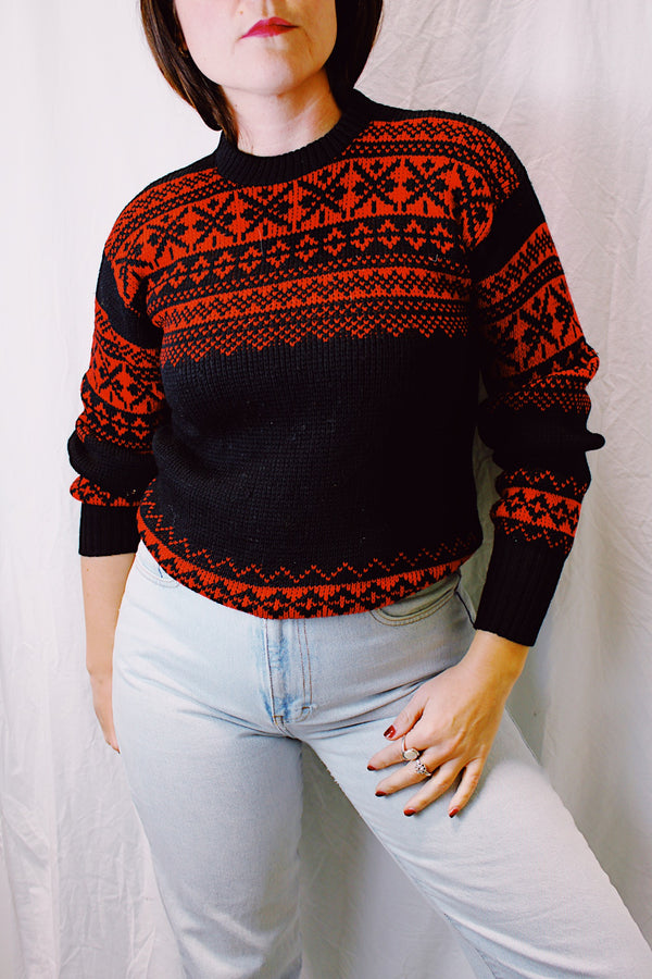 long sleeve vintage 1970's ski sweater in black and red printed pullover