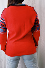 long sleeve vintage red ski sweater 1970's pullover with blue and black reindeer and snowflake print on arms