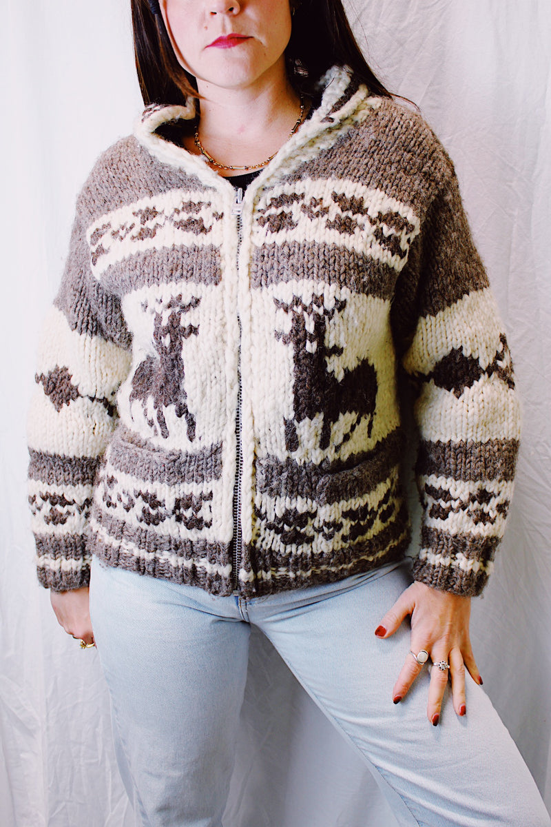 long sleeve vintage 1970's cowichan zip up cardigan sweater with reindeer print