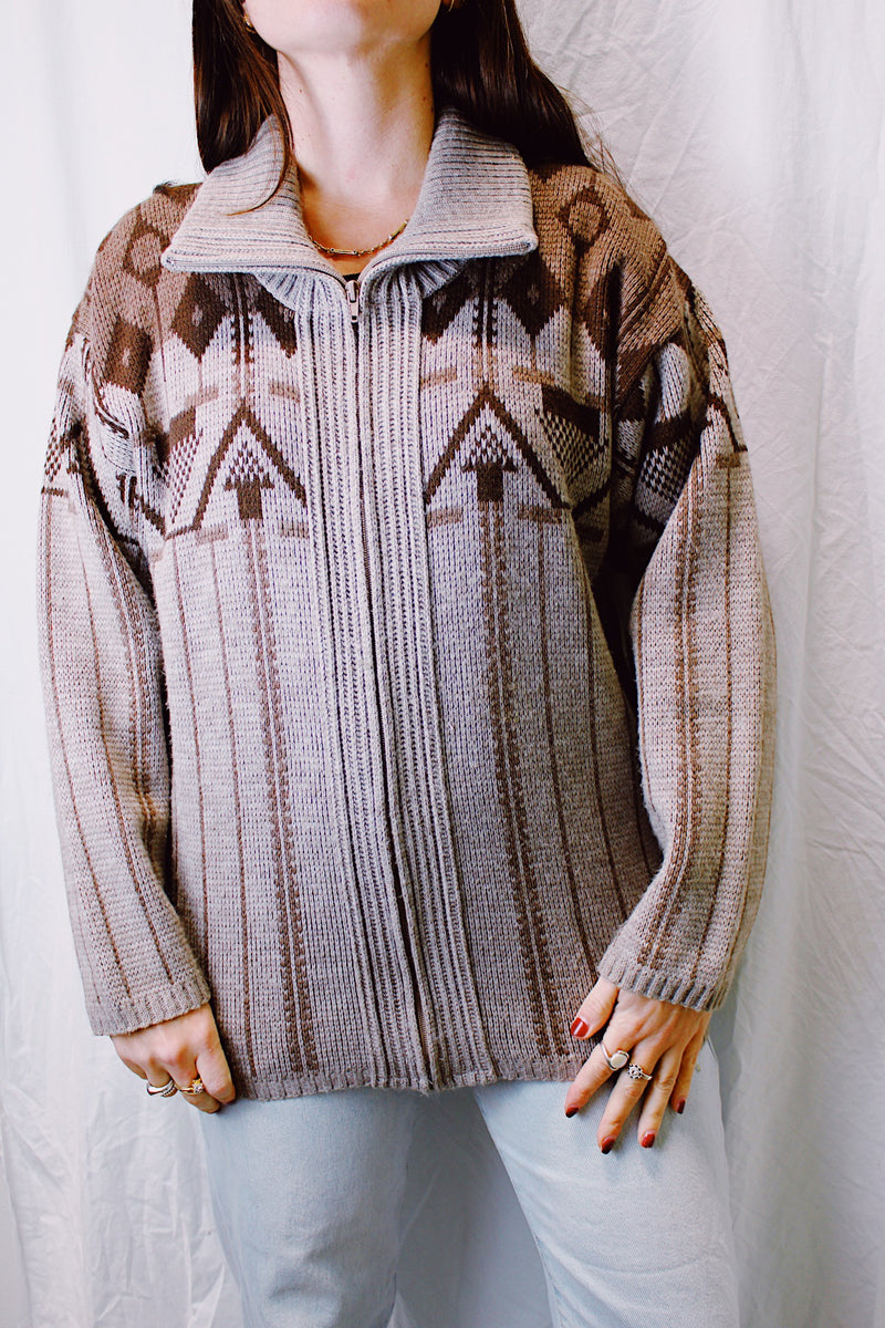 long sleeve zip up cardigan sweater brown with print vintage 1980's 