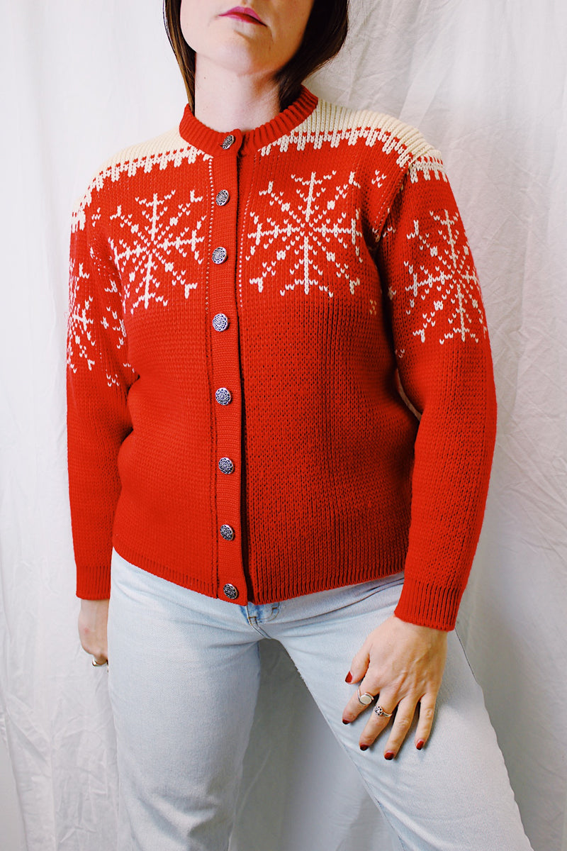 long sleeve red and cream printed norwegian sweater with silver round buttons vintage 1970's