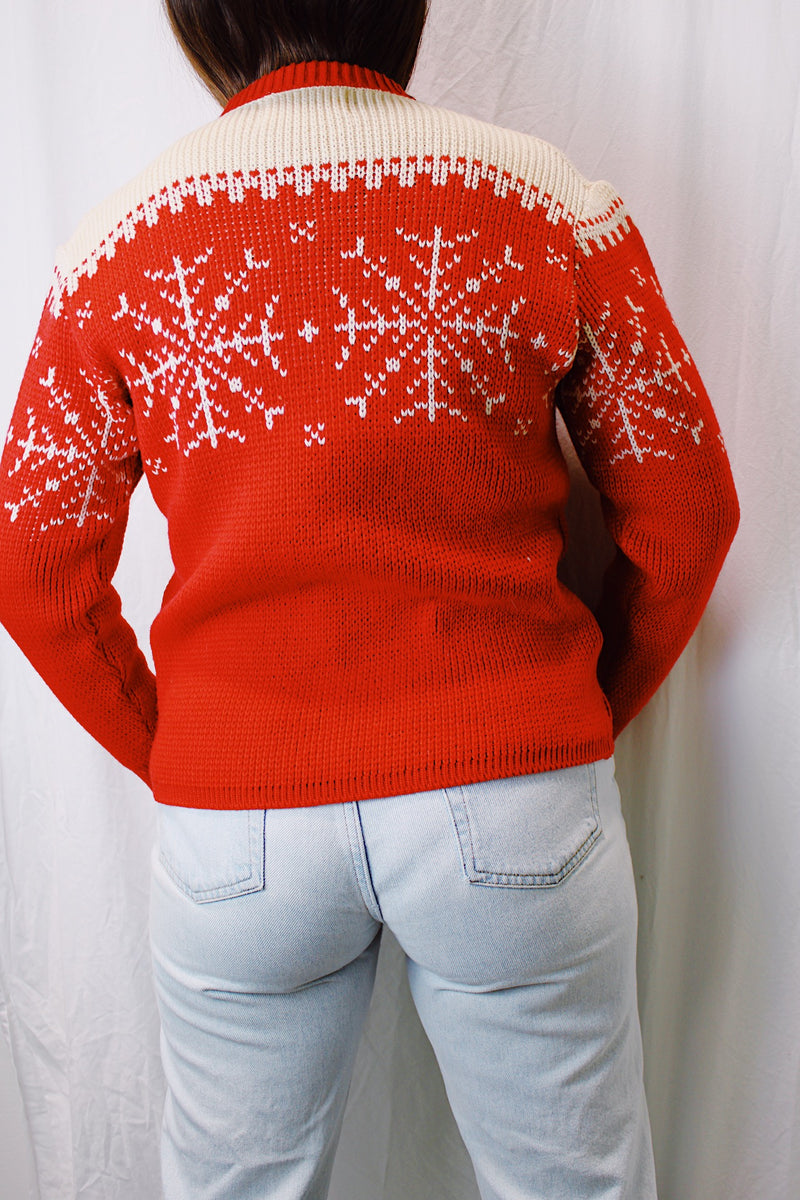 long sleeve red and cream printed norwegian sweater with silver round buttons vintage 1970's