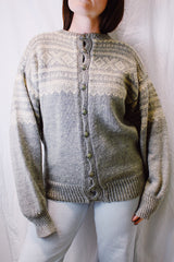 long sleeve grey and cream norwegian sweater vintage with round silver button closure 