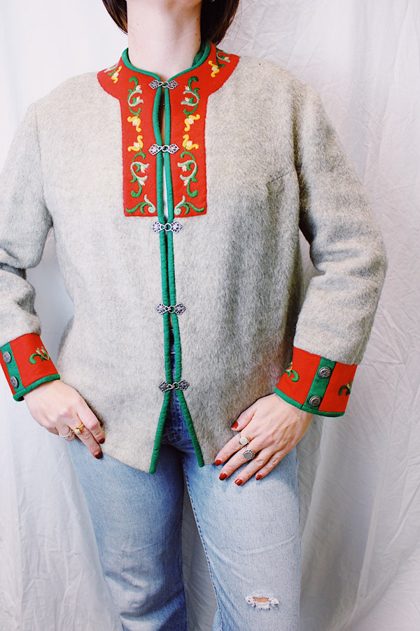 mohair blend norwegian style vintage long sleeve sweater with silver clasp buttons and red embroidered details