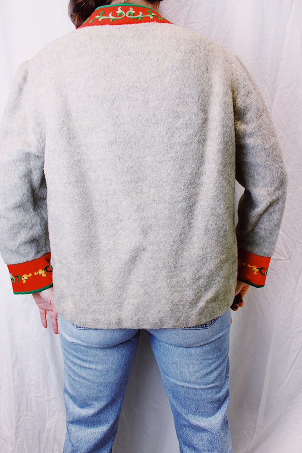 mohair blend norwegian style vintage long sleeve sweater with silver clasp buttons and red embroidered details