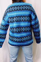 long sleeve v neck pullover sweater im blue and black print norwegian style vintage 1960's