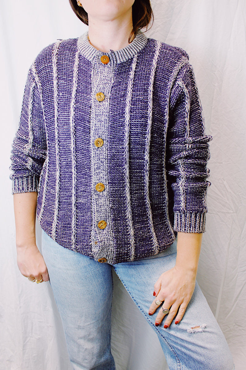 vintage 1970's long sleeve acrylic purple and cream sweater that buttons up the front