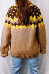 long sleeve zip up cowichan style sweater in camel brown with dark brown and yellow print around neck