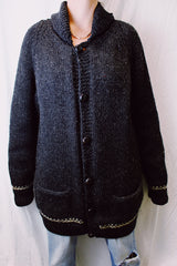 long sleeve grey grandpa sweater wool with buttons up the front and embroidered salmon print on the back