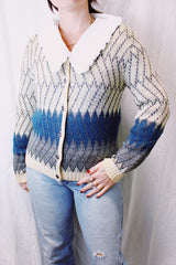 long sleeve norwegian style sweater cream blue and grey print silver metal buttons