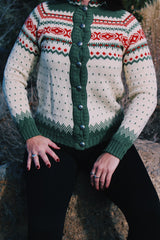 long sleeve wool cream norwegian sweater with green and burnt orange print
