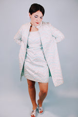 silver and baby blue metallic sleeveless shift dress and matching zip up jacket 1960's vintage
