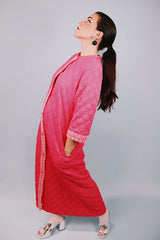 ankle length pink quilted duster robe 1960's vintage with white lace trim 