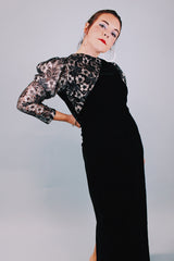 ankle length black velvet dress with silver metallic lace puff sleeves vintage 1980's