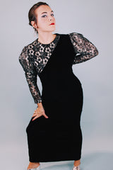 ankle length black velvet dress with silver metallic lace puff sleeves vintage 1980's