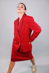 vintage 1980's red blazer and pencil skirt matching set blazer has gold and black piping and gold buttons
