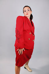 vintage 1980's red blazer and pencil skirt matching set blazer has gold and black piping and gold buttons