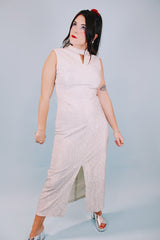 vintage 1960's ankle length dress sleeveless in silver metallic 