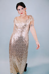 short sleeve ankle length gold sequined evening dress with beaded fringe trim