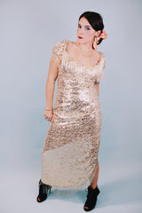 short sleeve ankle length gold sequined evening dress with beaded fringe trim