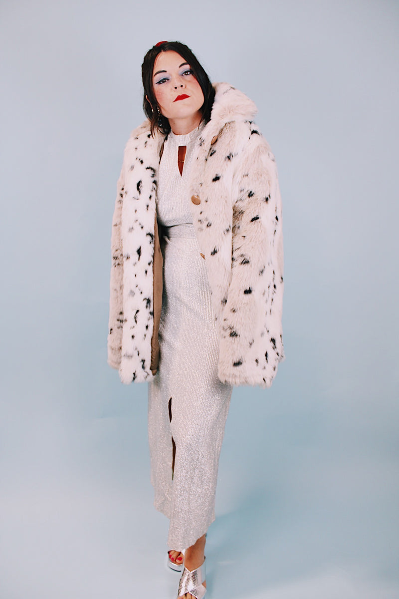 1970's vintage faux fur coat white and cream with black spots pockets and buttons