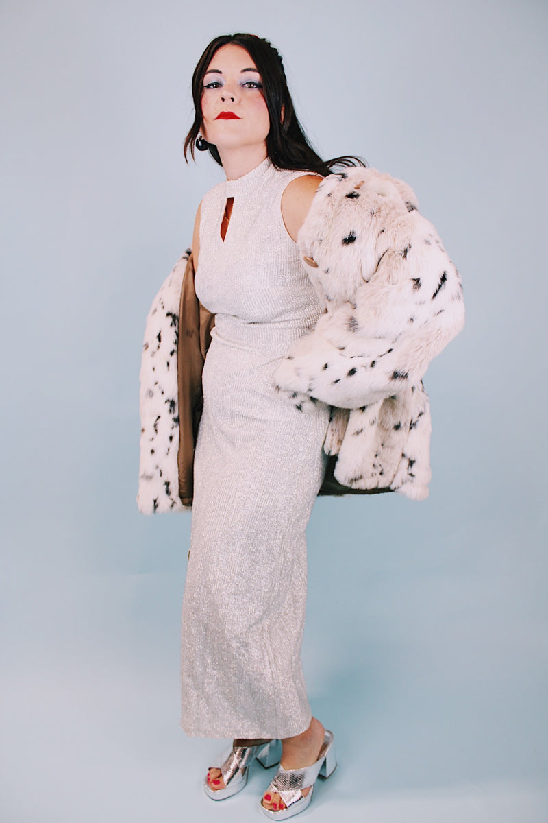 1970's vintage faux fur coat white and cream with black spots pockets and buttons