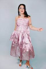 strapless 1980's pink metallic prom dress with ruffles and attached bow 