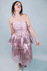 strapless 1980's pink metallic prom dress with ruffles and attached bow 