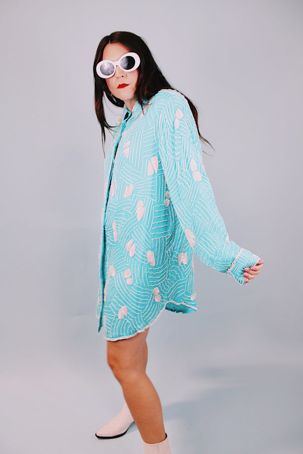 long sleeve mini length 1980's blue white beaded shirt dress with collar 