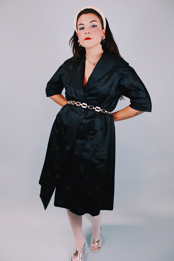3/4 arm length black satin kimono style evening jacket women's vintage 1950's