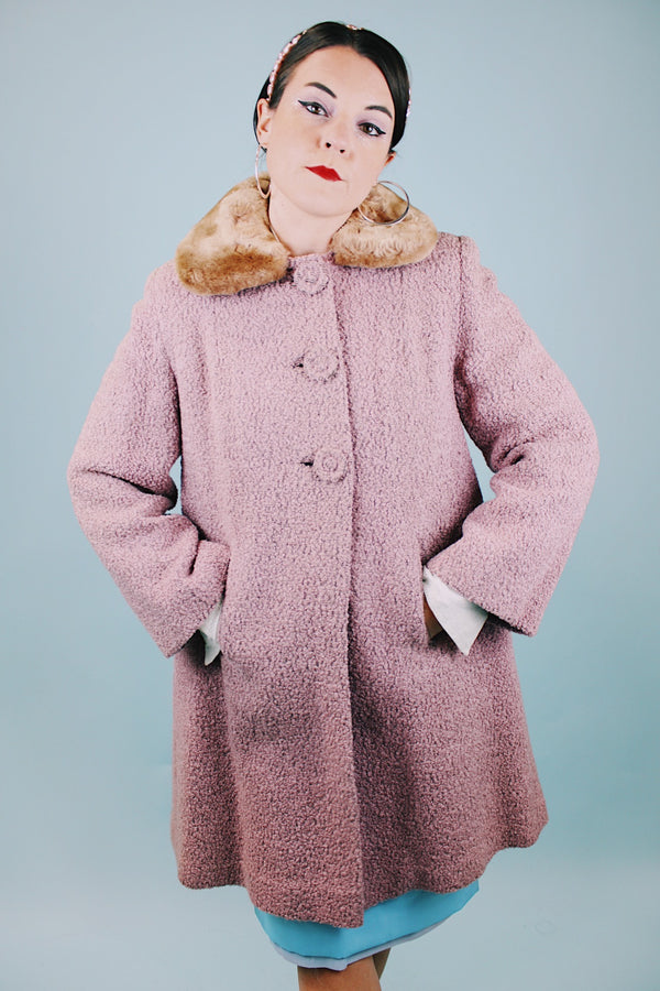 lilac wool shearling 1940's vintage coat with brown faux fur collar and poodle print liner 