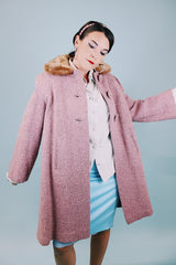 lilac wool shearling 1940's vintage coat with brown faux fur collar and poodle print liner 