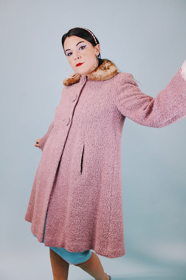 lilac wool shearling 1940's vintage coat with brown faux fur collar and poodle print liner 