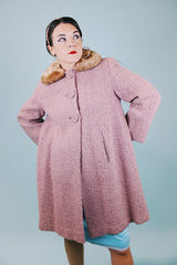 lilac wool shearling 1940's vintage coat with brown faux fur collar and poodle print liner 