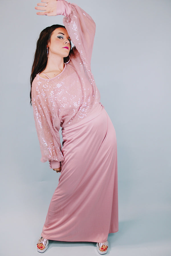 vintage 1980's spaghetti strap floor length dress with a sheer sequined dolman top to put over all in mauve color