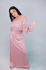 vintage 1980's spaghetti strap floor length dress with a sheer sequined dolman top to put over all in mauve color