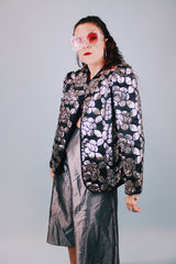 long sleeve vintage 1980's black jacket with silver floral patterned sequins all over