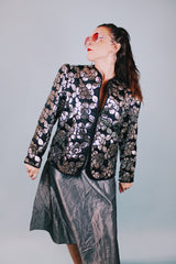 long sleeve vintage 1980's black jacket with silver floral patterned sequins all over