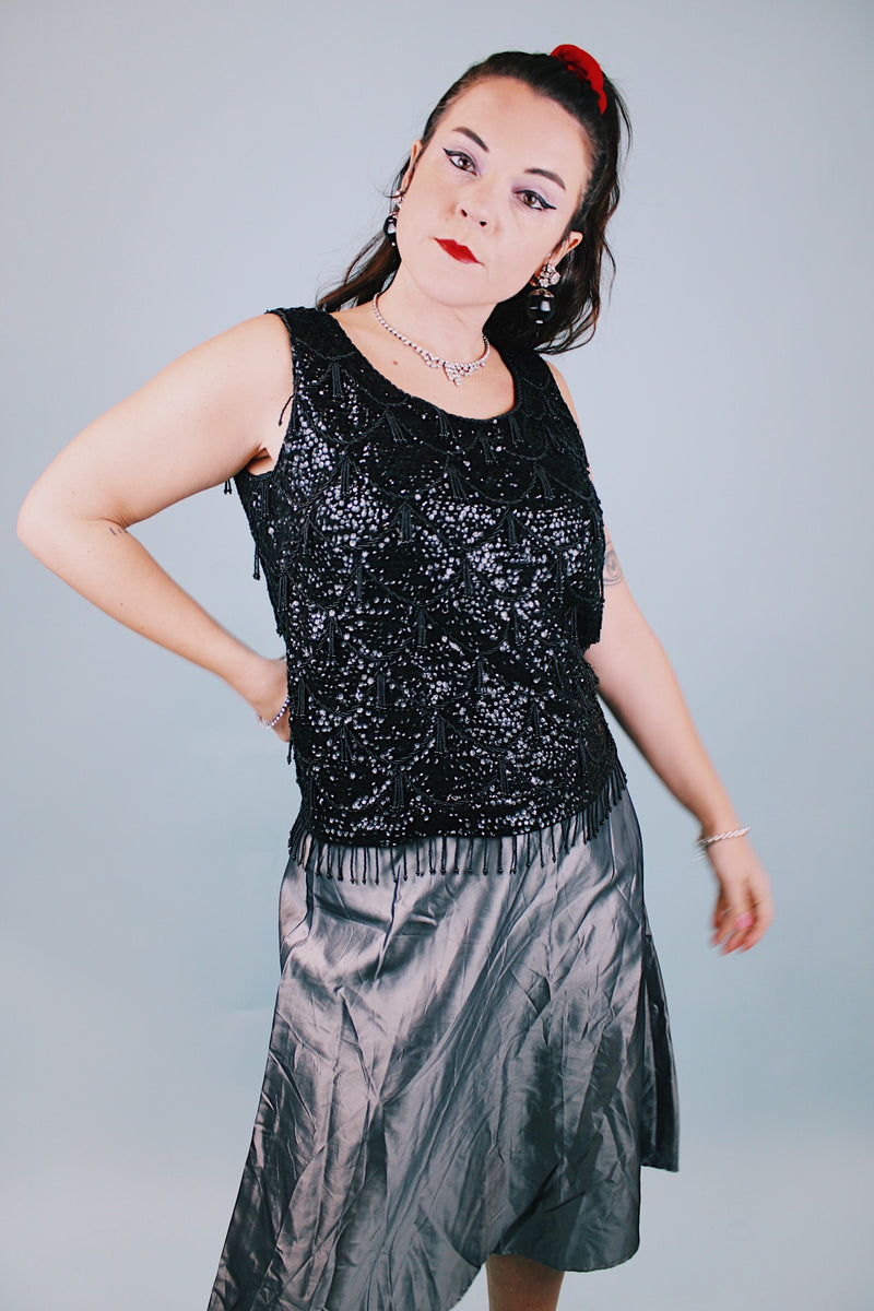1960's sleeveless beaded and sequined black top