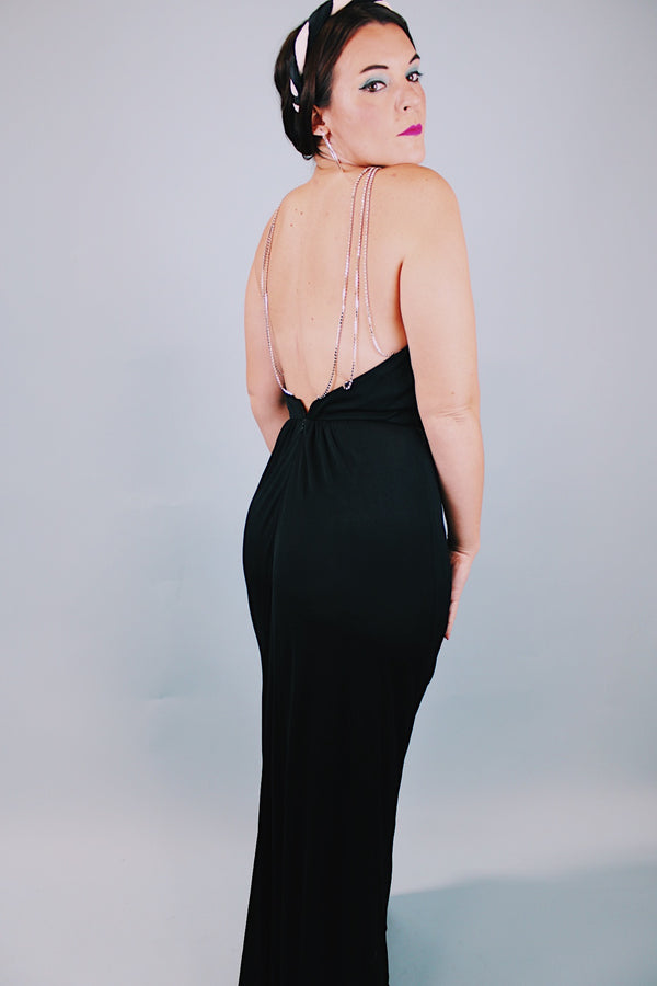 sleeveless long black evening dress with diamond neck and back straps 1980's vintage