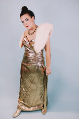 strapless 1980's gold metallic dress floor length with sweetheart neckline