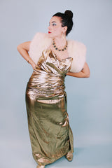 strapless 1980's gold metallic dress floor length with sweetheart neckline